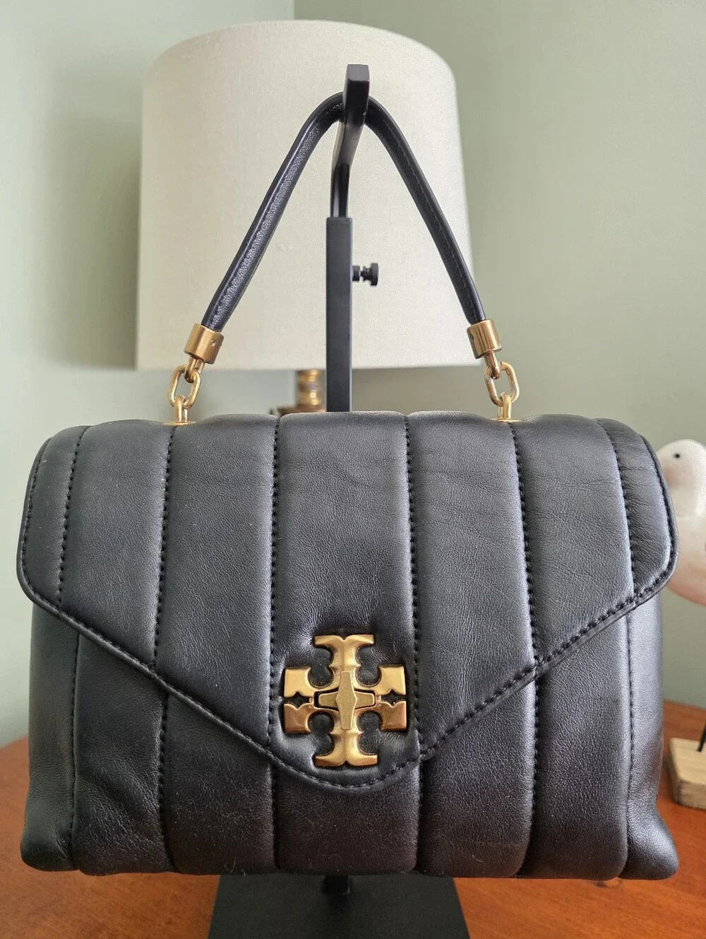 Tory Burch Mini Kira Top Handle Black Napa Leather Quilted Crossbody Bag